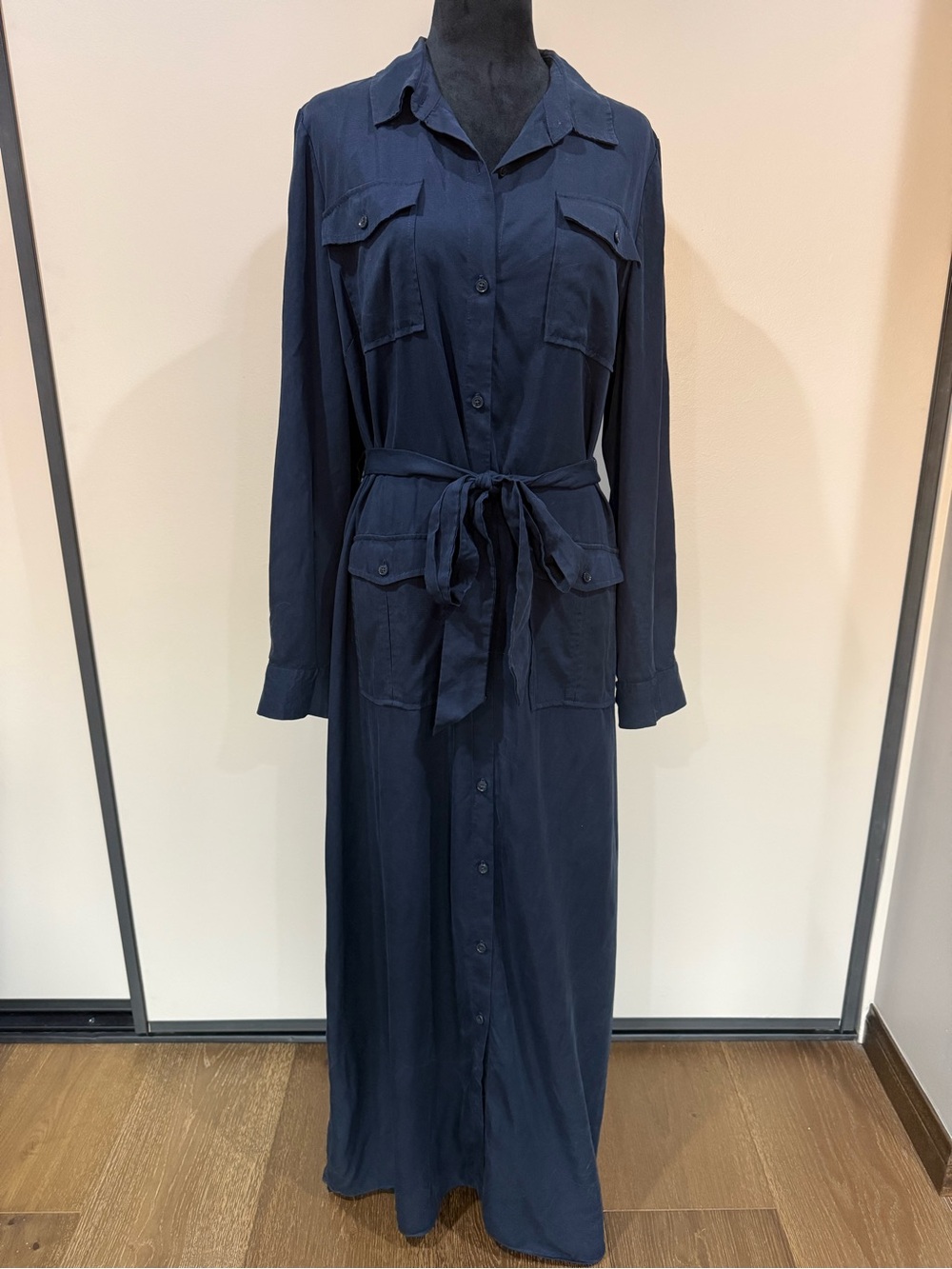Madewell Navy Blue Utility Tie-Waist Maxi Shirtdress 100% Lyocell Size XL